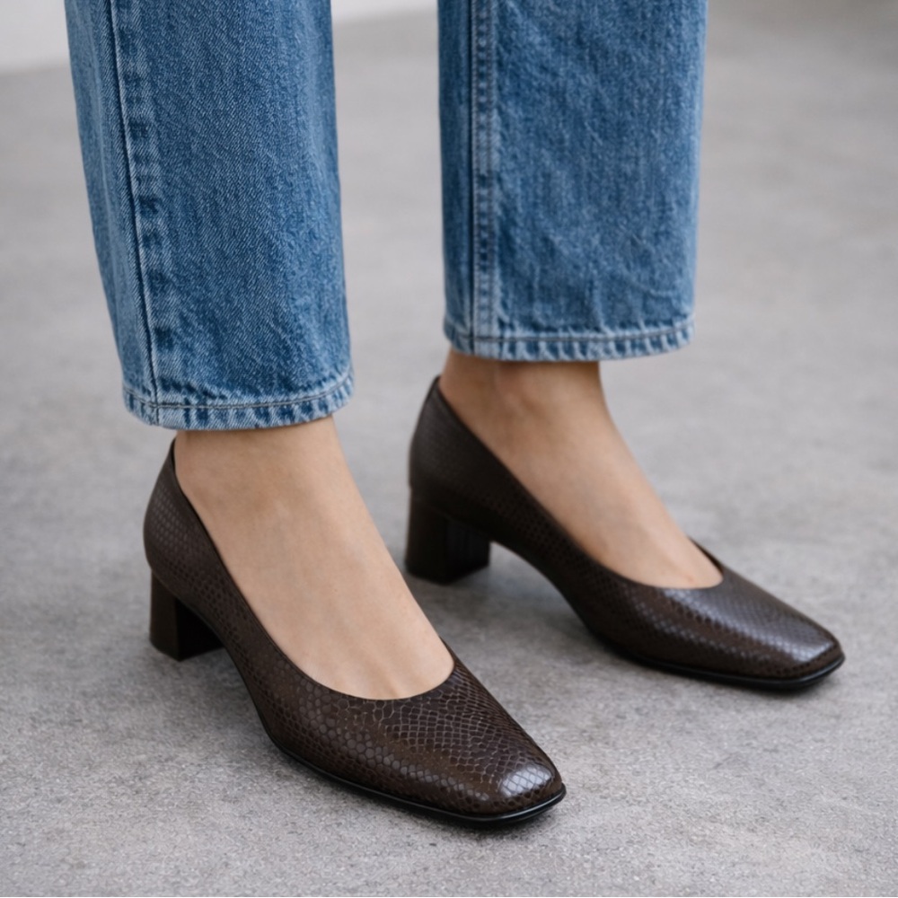 Bally Snake-Embossed Leather Block Heel Pumps in Chocolate Brown